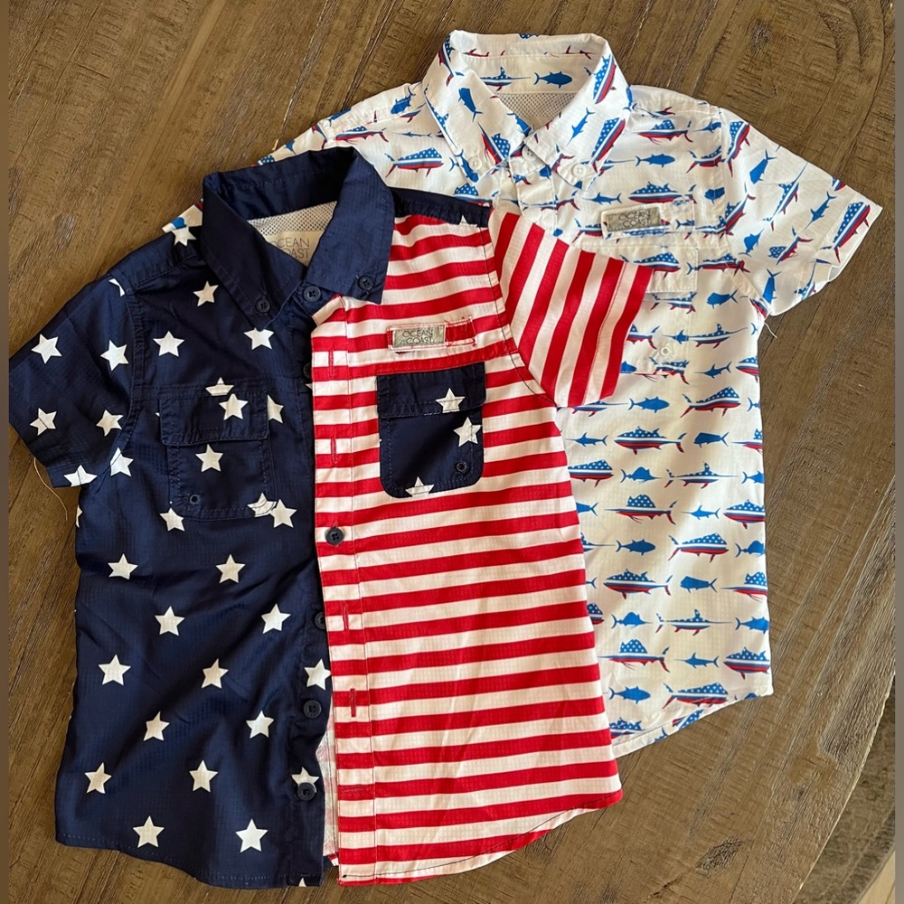 Set of 2 Boys Ocean and Coast Performance Patriotic Short Sleeve Fishing Shirts